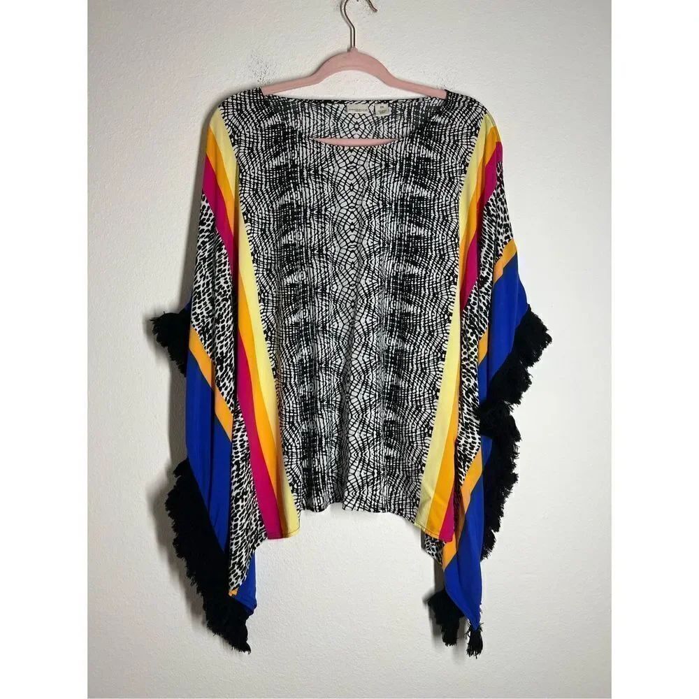 Westbound Patterned Colorful Fringe Trim Top Size 2XL